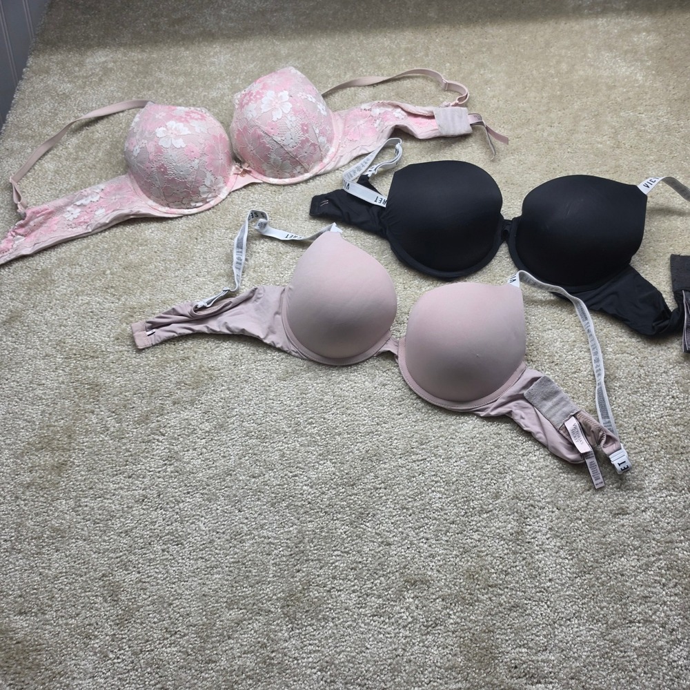 Victoria's Secret Bra Bundle 36C Pink Floral Black Mauve Logo Straps 3 Pack